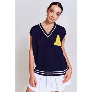 Unisex Divided Ribbed Sweater Vest Blue Sleeveless Embroidered Preppy Collegiate